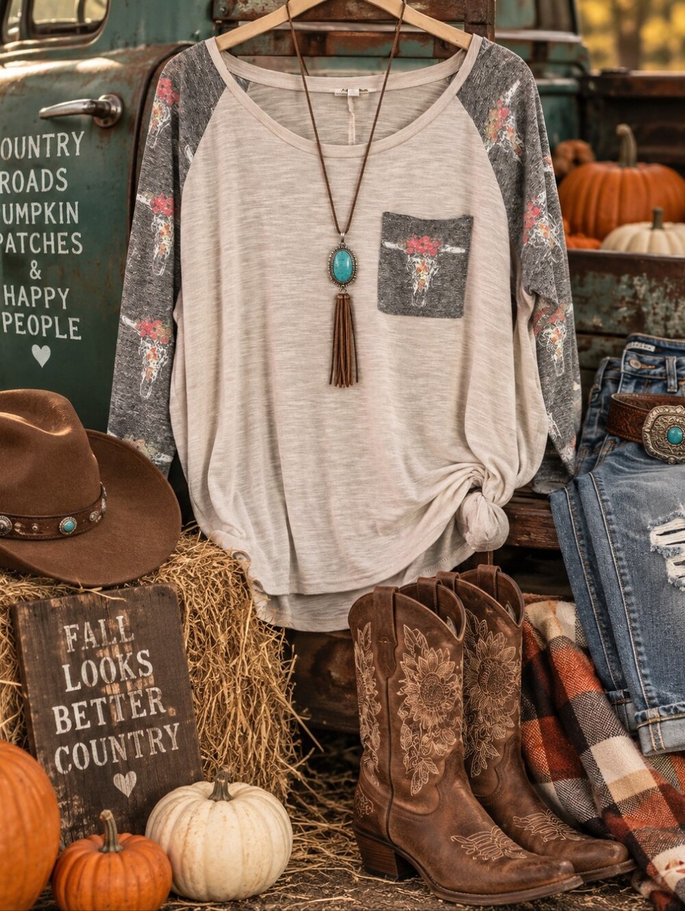 Umgee 1XL Western Floral Longhorn Steer Skull Raglan Top Boho High Low Hem